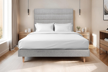 Lit 140x190 cm - Sommier tapissier H29 cm + tête de lit à lignes - Tissu Bouclette Gris