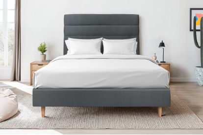 Lit 140x190 cm - Sommier tapissier H35 cm + tête de lit à lignes - Tissu Velours Gris Anthracite