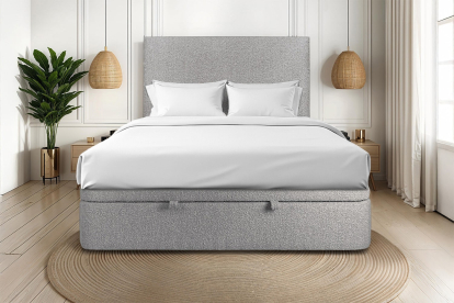 Lit coffre 140x190 cm avec Tête de lit tapissée - Tissu Bouclette Gris