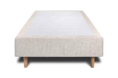 Lit 90x200 cm - Sommier tapissier H35 cm + tête de lit à lignes - Tissu Toile natté Beige Clair