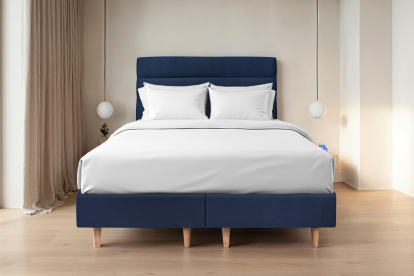 Lit 2x 80x200 cm - Sommier tapissier H35 cm + tête de lit à lignes - Tissu Velours Bleu Océan