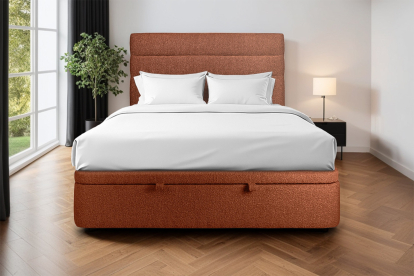 Lit coffre 140x190 cm avec Tête de lit à lignes - Tissu Bouclette Terracotta
