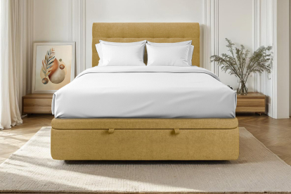 Lit coffre 200x200 cm avec Tête de lit capitonnée - Tissu Toile natté Jaune