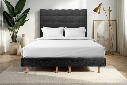 Lit 2x 80x200 cm - Sommier tapissier H29 cm + tête de lit capitonnée - Tissu Bouclette Noir