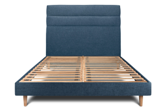 Lit 200x200 cm - Sommier à lattes H29 cm + tête de lit à lignes - Tissu Toile natté Bleu Océan