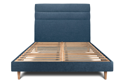Lit 200x200 cm - Sommier à lattes H29 cm + tête de lit à lignes - Tissu Toile natté Bleu Océan