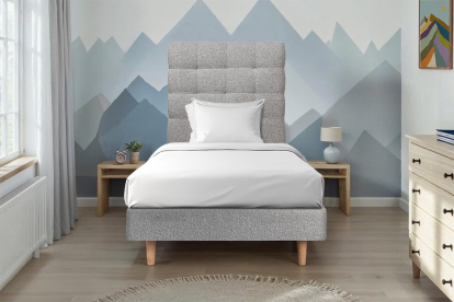 Lit 90x190 cm - Sommier tapissier H29 cm + tête de lit capitonnée - Tissu Bouclette Gris