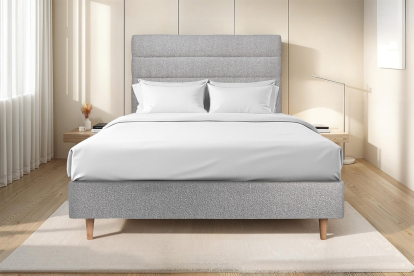 Lit 140x200 cm - Sommier tapissier H35 cm + tête de lit à lignes - Tissu Bouclette Gris