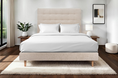 Lit 160x200 cm - Sommier tapissier H29 cm + tête de lit capitonnée - Tissu Toile natté Beige Brun