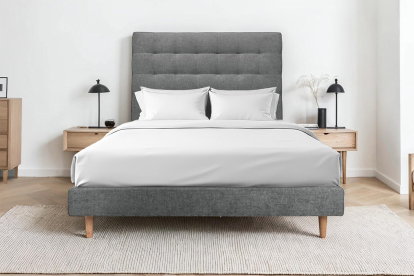 Lit 160x200 cm - Sommier tapissier H29 cm + tête de lit capitonnée - Tissu Toile natté Gris Anthracite