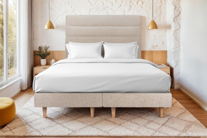 Lit 2x 100x200 cm - Sommier tapissier H29 cm + tête de lit à lignes - Tissu Toile natté Beige Brun