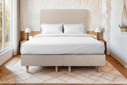 Lit 2x 80x200 cm - Sommier tapissier H35 cm + tête de lit tapissée - Tissu Toile natté Beige Brun