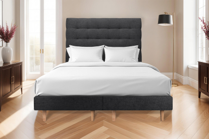 Lit 2x 90x200 cm - Sommier tapissier H29 cm + tête de lit capitonnée - Tissu Toile natté Noir