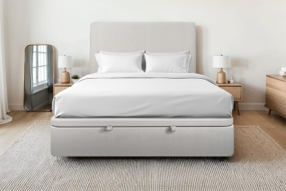 Lit coffre 200x200 cm avec Tête de lit tapissée - Tissu Velours Gris Clair