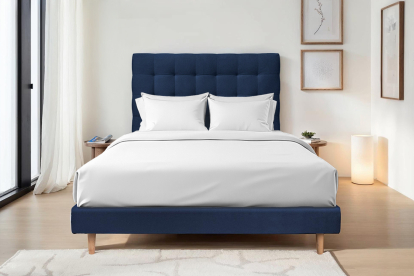 Lit 140x190 cm - Sommier tapissier H29 cm + tête de lit capitonnée - Tissu Velours Bleu Océan