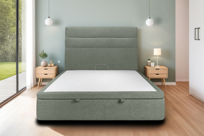 Lit coffre 140x190 cm avec Tête de lit à lignes - Tissu Toile natté Vert Kaki