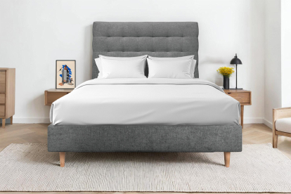 Lit 140x200 cm - Sommier tapissier H35 cm + tête de lit capitonnée - Tissu Toile natté Gris Anthracite