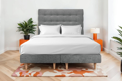 Lit 2x 80x200 cm - Sommier tapissier H29 cm + tête de lit capitonnée - Tissu Toile natté Gris Anthracite