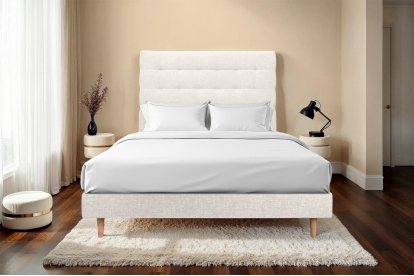 Lit 180x200 cm - Sommier à lattes H29 cm + tête de lit capitonnée - Tissu Toile natté Beige Clair
