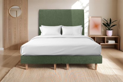 Lit 2x 90x200 cm - Sommier tapissier H29 cm + tête de lit tapissée - Tissu Toile natté Vert Kaki
