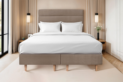 Lit 2x 80x200 cm - Sommier tapissier H35 cm + tête de lit à lignes - Tissu Velours Taupe