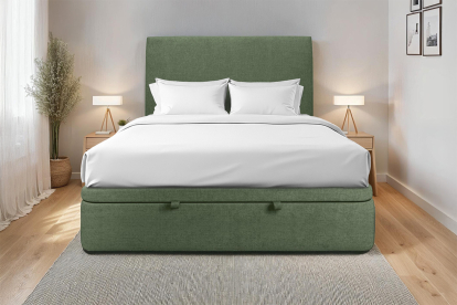 Lit coffre 140x200 cm avec Tête de lit tapissée - Tissu Toile natté Vert Kaki