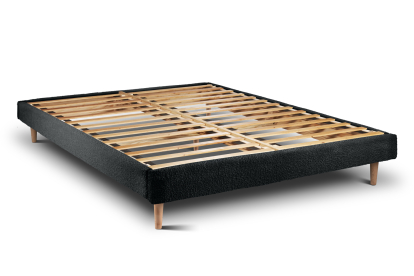 Lit 180x200 cm - Sommier à lattes H29 cm + tête de lit à lignes - Tissu Bouclette Noir