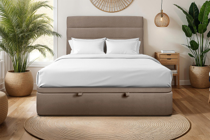 Lit coffre 140x200 cm avec Tête de lit à lignes - Tissu Velours Taupe