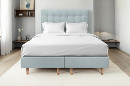 Lit 2x 90x200 cm - Sommier tapissier H35 cm + tête de lit capitonnée - Tissu Velours Gris Bleuté