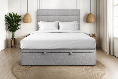 Lit coffre 160x200 cm avec Tête de lit à lignes - Tissu Bouclette Gris