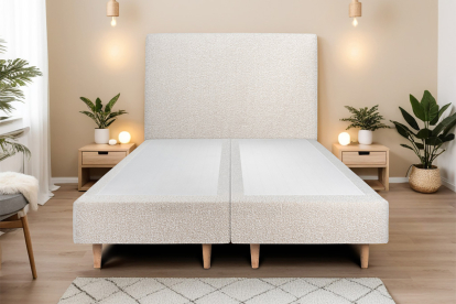 Lit 2x 90x200 cm - Sommier tapissier H35 cm + tête de lit tapissée - Tissu Bouclette Beige Clair