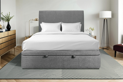 Lit coffre 140x200 cm avec Tête de lit tapissée - Tissu Toile natté Gris Anthracite