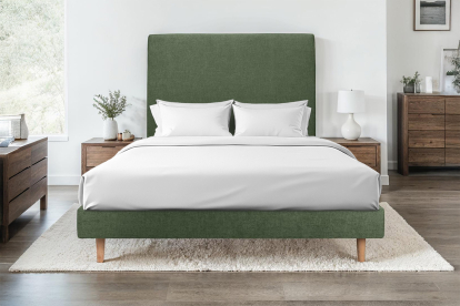 Lit 140x200 cm - Sommier à lattes H29 cm + tête de lit tapissée - Tissu Toile natté Vert Kaki