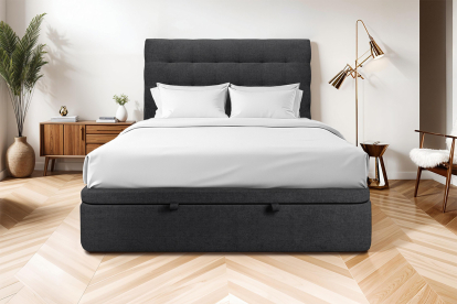 Lit coffre 140x200 cm avec Tête de lit capitonnée - Tissu Toile natté Noir