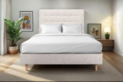 Lit 140x190 cm - Sommier tapissier H35 cm + tête de lit capitonnée - Tissu Toile natté Beige Clair
