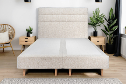 Lit 2x 80x200 cm - Sommier tapissier H35 cm + tête de lit à lignes - Tissu Bouclette Beige Clair
