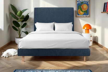 Lit 180x200 cm - Sommier à lattes H29 cm + tête de lit tapissée - Tissu Toile natté Bleu Océan