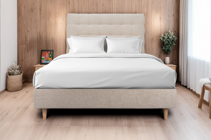 Lit 160x200 cm - Sommier tapissier H35 cm + tête de lit capitonnée - Tissu Toile natté Beige Brun
