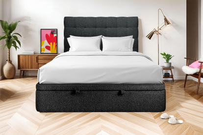 Lit coffre 160x200 cm avec Tête de lit capitonnée - Tissu Bouclette Noir
