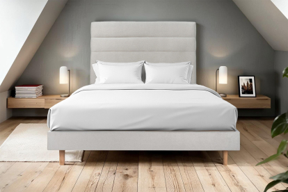 Lit 140x200 cm - Sommier à lattes H29 cm + tête de lit à lignes - Tissu Velours Gris Clair