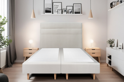 Lit 2x 90x200 cm - Sommier tapissier H35 cm + tête de lit à lignes - Tissu Velours Gris Clair