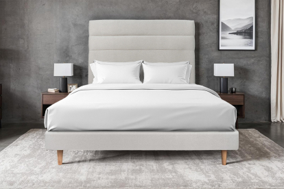 Lit 140x200 cm - Sommier tapissier H29 cm + tête de lit à lignes - Tissu Velours Gris Clair