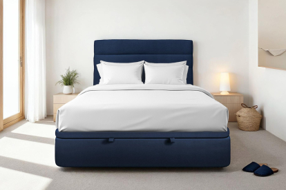 Lit coffre 140x200 cm avec Tête de lit à lignes - Tissu Velours Bleu Océan