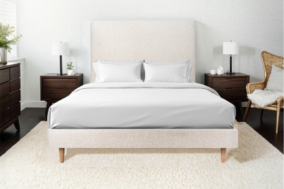 Lit 140x200 cm - Sommier tapissier H29 cm + tête de lit tapissée - Tissu Bouclette Beige Clair