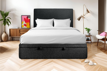 Lit coffre 200x200 cm avec Tête de lit tapissée - Tissu Bouclette Noir