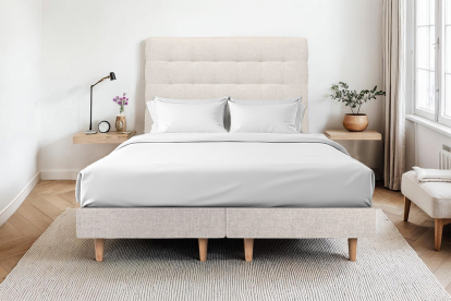 Lit 140x200 cm - Sommier tapissier H29 cm + tête de lit capitonnée - Tissu Toile natté Beige Clair