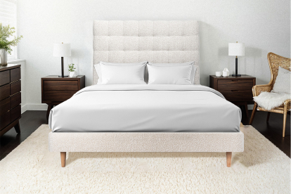 Lit 140x190 cm - Sommier tapissier H29 cm + tête de lit capitonnée - Tissu Bouclette Beige Clair