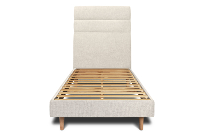 Lit 90x200 cm - Sommier à lattes H29 cm + tête de lit à lignes - Tissu Toile natté Beige Clair