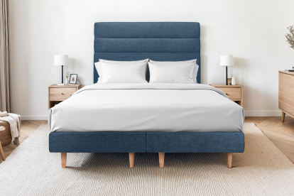 Lit 2x 80x200 cm - Sommier tapissier H29 cm + tête de lit à lignes - Tissu Toile natté Bleu Océan