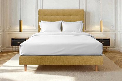 Lit 140x190 cm - Sommier tapissier H29 cm + tête de lit capitonnée - Tissu Toile natté Jaune